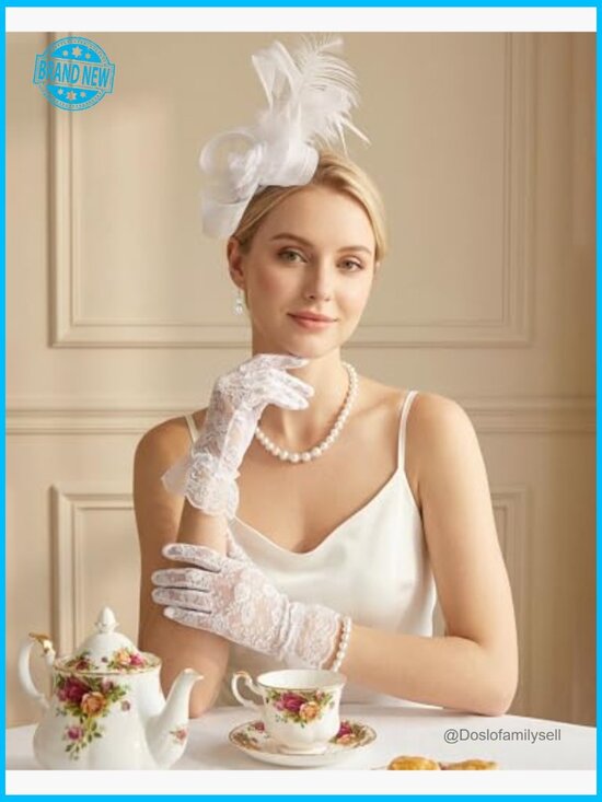 5 Pc Feather Fascinator Set with Gloves Pearl Necklace Bracelet Earrings Derby